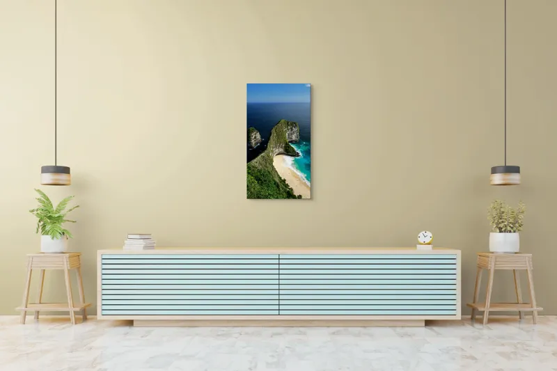 Tablou Canvas, "Cartea verde a oceanului albastru", Plajă, Stânci, Ocean, Valuri, Vegetație, Cer, Peisaj, Munte, Contur, Natură, 50 x 90 cm – poza 6