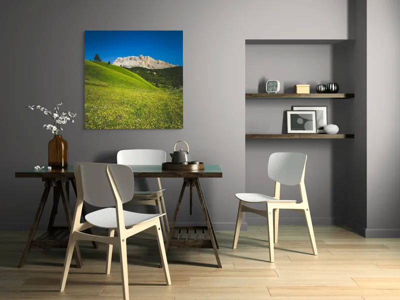 Tablou Canvas, "Câmpie înflorită și munți semeți", Pajiște, Munți, Cer, Verdeață, Liniște, Natură, Frumusețe, Peisaj., 100 x 100 cm – poza 6