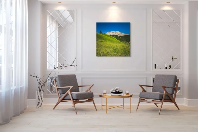 Tablou Canvas, "Câmpie înflorită și munți semeți", Pajiște, Munți, Cer, Verdeață, Liniște, Natură, Frumusețe, Peisaj., 100 x 100 cm – poza 7