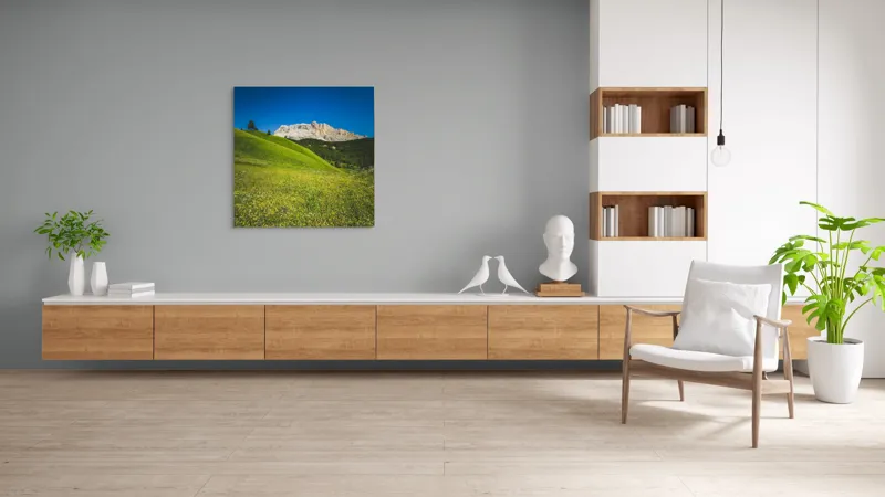 Tablou Canvas, "Câmpie înflorită și munți semeți", Pajiște, Munți, Cer, Verdeață, Liniște, Natură, Frumusețe, Peisaj., 100 x 100 cm – poza 8
