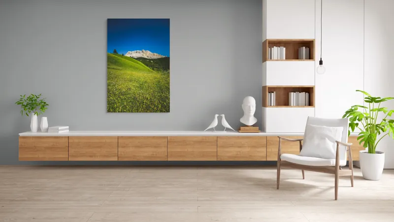 Tablou Canvas, "Câmpie înflorită și munți semeți", Pajiște, Munți, Cer, Verdeață, Liniște, Natură, Frumusețe, Peisaj., 100 x 150 cm – poza 8