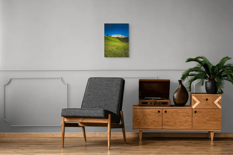 Tablou Canvas, "Câmpie înflorită și munți semeți", Pajiște, Munți, Cer, Verdeață, Liniște, Natură, Frumusețe, Peisaj., 39 x 54 cm – poza 8