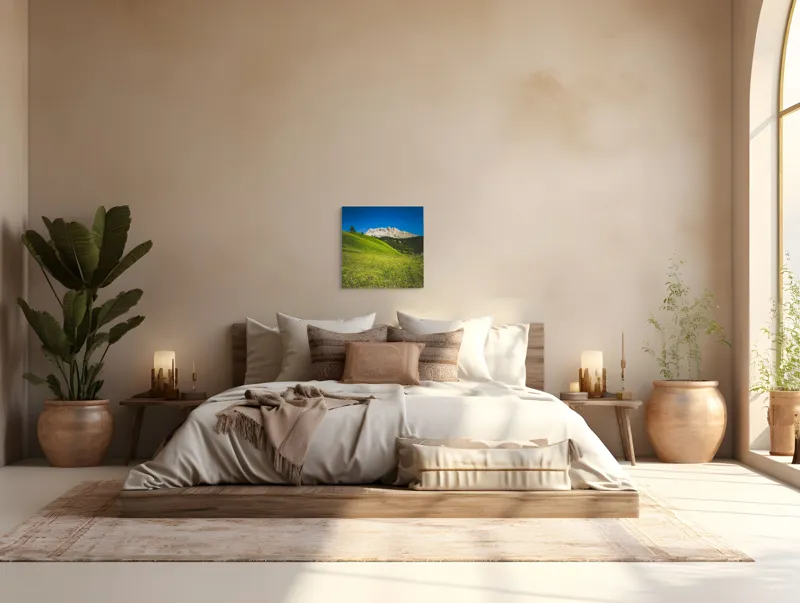 Tablou Canvas, "Câmpie înflorită și munți semeți", Pajiște, Munți, Cer, Verdeață, Liniște, Natură, Frumusețe, Peisaj., 50 x 50 cm – poza 5