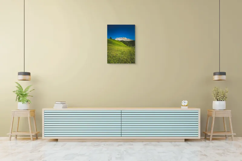 Tablou Canvas, "Câmpie înflorită și munți semeți", Pajiște, Munți, Cer, Verdeață, Liniște, Natură, Frumusețe, Peisaj., 50 x 70 cm – poza 6