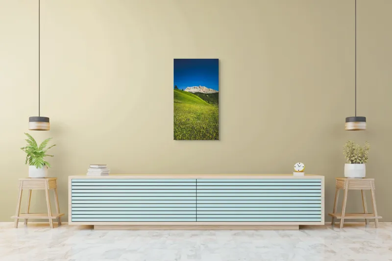 Tablou Canvas, "Câmpie înflorită și munți semeți", Pajiște, Munți, Cer, Verdeață, Liniște, Natură, Frumusețe, Peisaj., 50 x 90 cm – poza 6