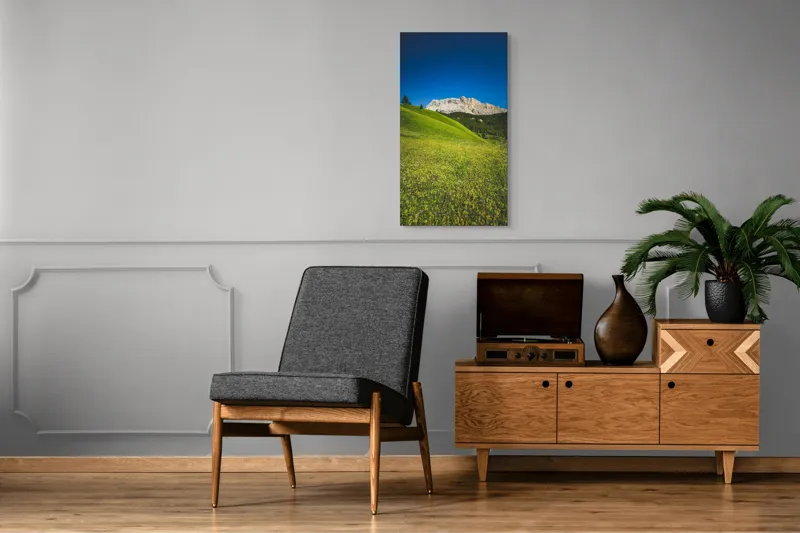 Tablou Canvas, "Câmpie înflorită și munți semeți", Pajiște, Munți, Cer, Verdeață, Liniște, Natură, Frumusețe, Peisaj., 50 x 90 cm – poza 8