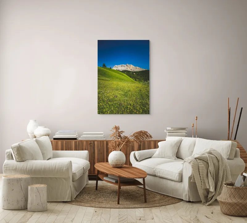 Tablou Canvas, "Câmpie înflorită și munți semeți", Pajiște, Munți, Cer, Verdeață, Liniște, Natură, Frumusețe, Peisaj., 70 x 100 cm – poza 4