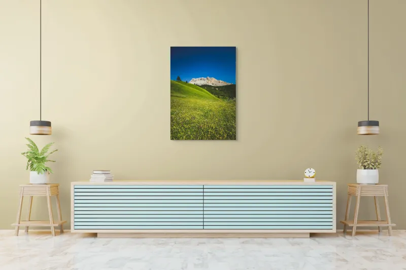 Tablou Canvas, "Câmpie înflorită și munți semeți", Pajiște, Munți, Cer, Verdeață, Liniște, Natură, Frumusețe, Peisaj., 70 x 100 cm – poza 5
