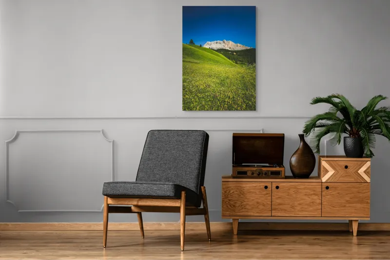 Tablou Canvas, "Câmpie înflorită și munți semeți", Pajiște, Munți, Cer, Verdeață, Liniște, Natură, Frumusețe, Peisaj., 70 x 100 cm – poza 6