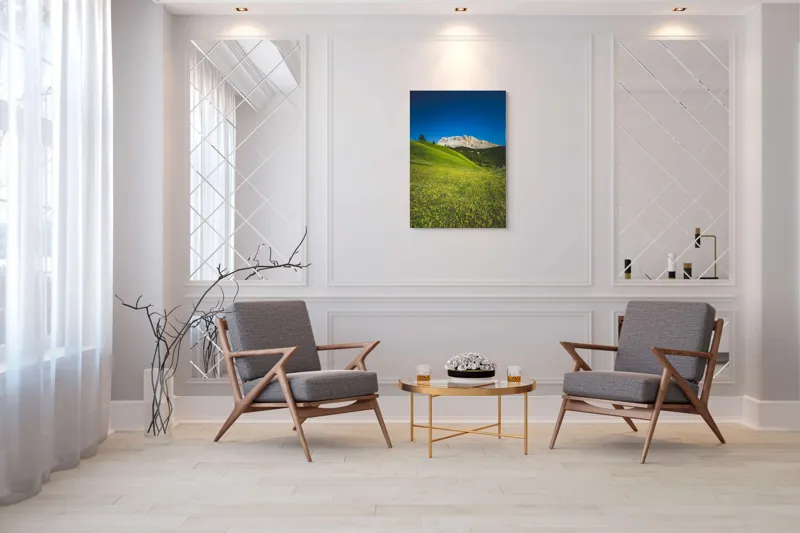 Tablou Canvas, "Câmpie înflorită și munți semeți", Pajiște, Munți, Cer, Verdeață, Liniște, Natură, Frumusețe, Peisaj., 70 x 100 cm – poza 8