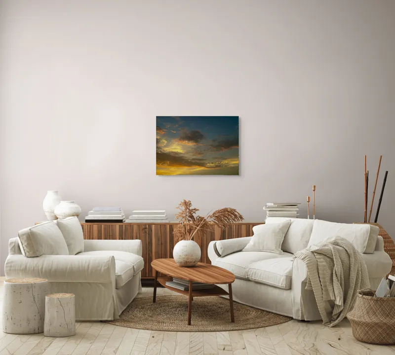 Tablou Canvas, "Cerul învăluit în culorile amurgului", Nori, Apus, Cer, Lumină, Aurie, Texturi, Strălucire, Seninătate, Contrast, 70 x 50 cm – poza 6
