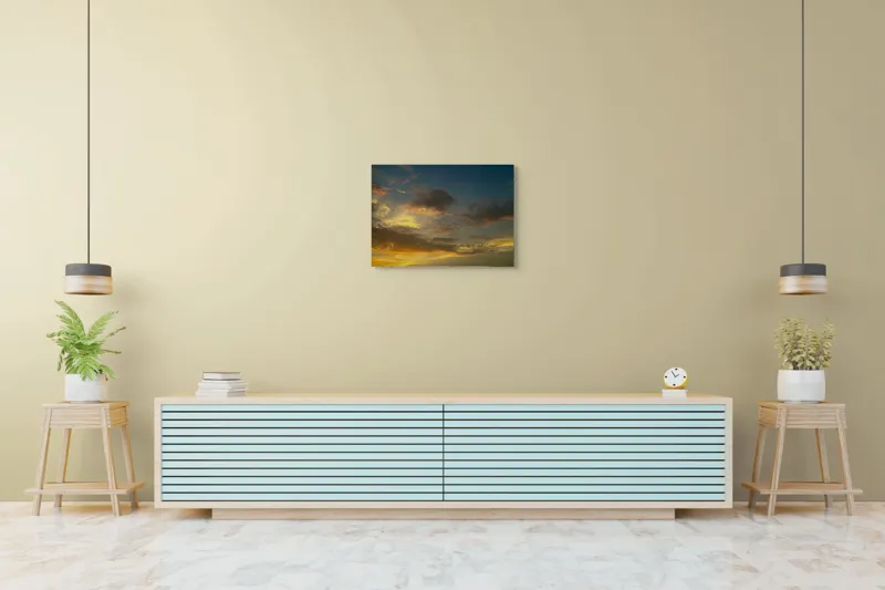 Tablou Canvas, "Cerul învăluit în culorile amurgului", Nori, Apus, Cer, Lumină, Aurie, Texturi, Strălucire, Seninătate, Contrast, 70 x 50 cm – poza 7