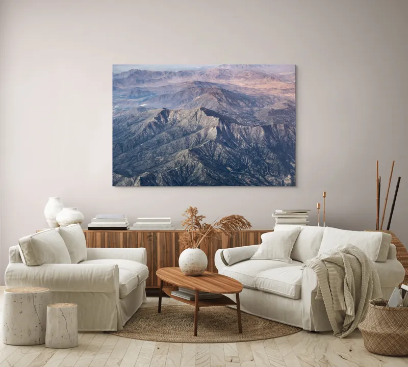 Tablou Canvas, "Lanț de munți în depărtare", Peisaj, Munți, Stâncos, Vârfuri, Vale, Natură, Panoramă, Înalt, Răsărit, Umbre, 150 x 100 cm – poza 3