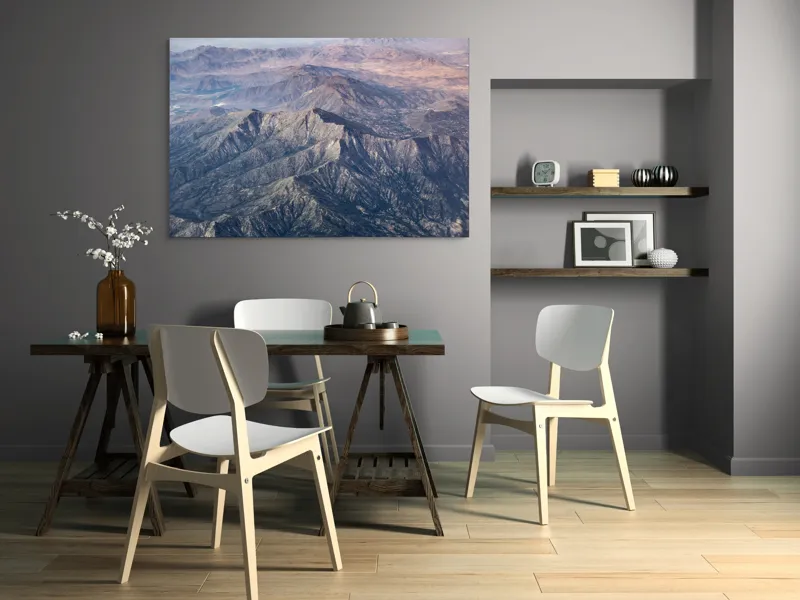 Tablou Canvas, "Lanț de munți în depărtare", Peisaj, Munți, Stâncos, Vârfuri, Vale, Natură, Panoramă, Înalt, Răsărit, Umbre, 150 x 100 cm – poza 5