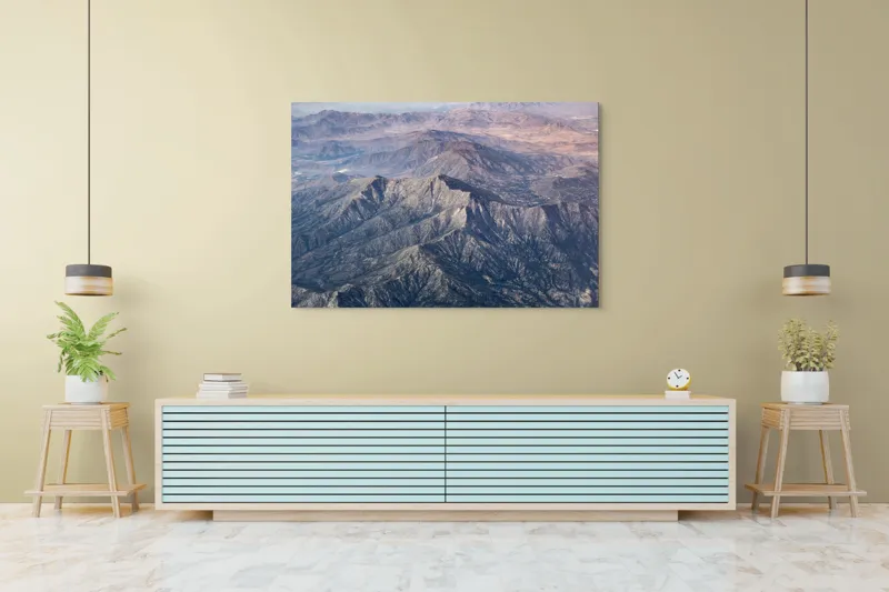 Tablou Canvas, "Lanț de munți în depărtare", Peisaj, Munți, Stâncos, Vârfuri, Vale, Natură, Panoramă, Înalt, Răsărit, Umbre, 150 x 100 cm – poza 6