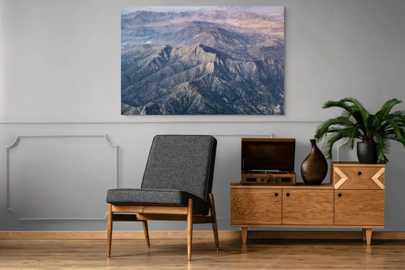 Tablou Canvas, "Lanț de munți în depărtare", Peisaj, Munți, Stâncos, Vârfuri, Vale, Natură, Panoramă, Înalt, Răsărit, Umbre, 150 x 100 cm – poza 8