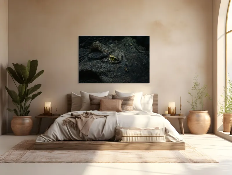 Tablou Canvas, "Privirea misteriosului protector al apelor", Crocodil, Privire, Textură, Solzi, Natură, Ochi, Amphibian, Intimidant, Piele, Camuflaj, 150 x 100 cm – poza 4