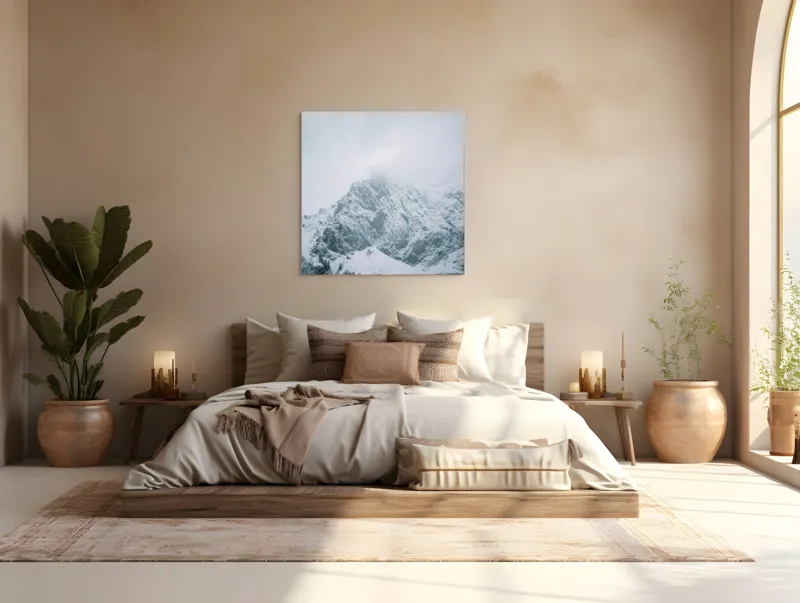 Tablou Canvas, "Vârfuri înghețate sub cer înnorat", Munți, Zăpadă, Nor, Frig, Roci, Pădure, Iarnă, Calm, Mistic, Linște, 100 x 100 cm – poza 4