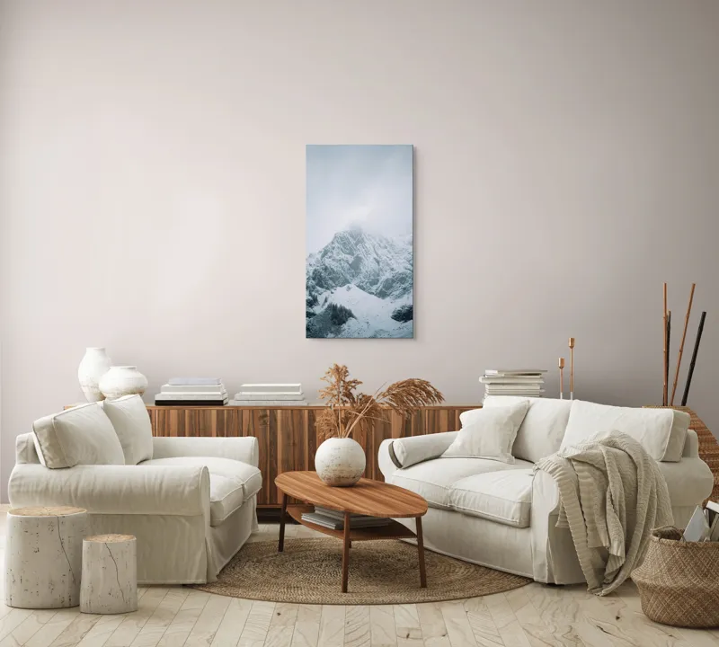 Tablou Canvas, "Vârfuri înghețate sub cer înnorat", Munți, Zăpadă, Nor, Frig, Roci, Pădure, Iarnă, Calm, Mistic, Linște, 50 x 90 cm – poza 7