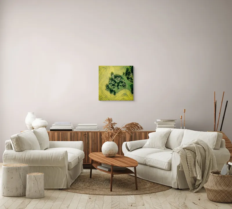 Tablou Canvas, "Insulă verde în ocean galben", Câmp, Copaci, Verde, Galben, Model, Natură, Aerială, Peisaj, 50 x 50 cm – poza 7