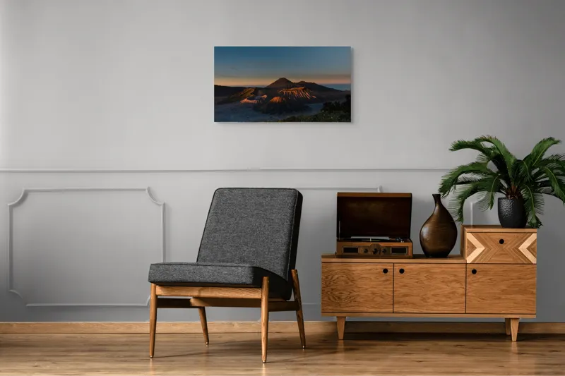Tablou Canvas, "Lumina dimineții pe munți vulcanici", Munte, Răsărit, Culoare, Cer, Peisaj, Natură, Umbre, Lumini, Vulcan, Horizon., 90 x 50 cm – poza 6
