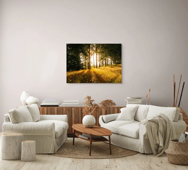 Tablou Canvas, "Lumina blândă a dimineții în pădure", Soare, Pădure, Razele, Lumină, Iarbă, Flori, Apus, Natură, Trunchiuri, Serenitate, 100 x 70 cm – poza 3