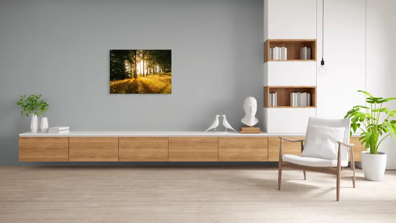 Tablou Canvas, "Lumina blândă a dimineții în pădure", Soare, Pădure, Razele, Lumină, Iarbă, Flori, Apus, Natură, Trunchiuri, Serenitate, 100 x 70 cm – poza 6