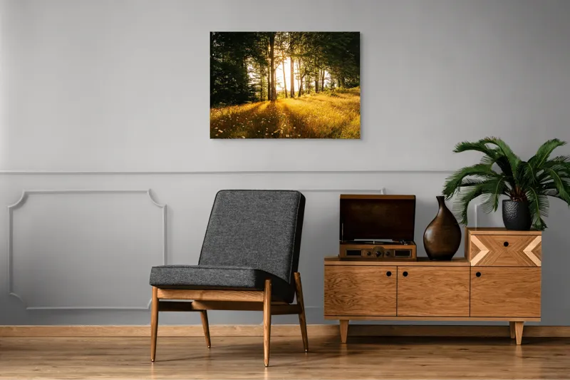 Tablou Canvas, "Lumina blândă a dimineții în pădure", Soare, Pădure, Razele, Lumină, Iarbă, Flori, Apus, Natură, Trunchiuri, Serenitate, 100 x 70 cm – poza 8