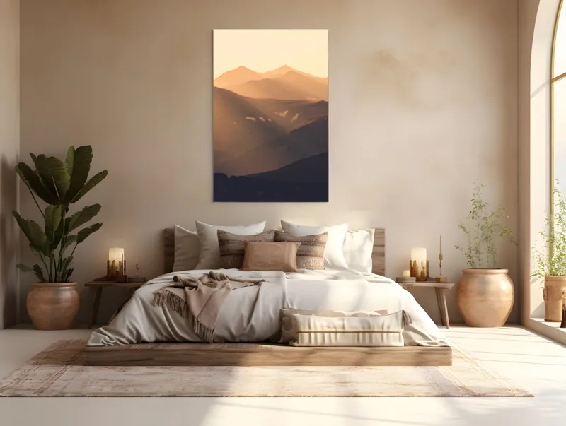 Tablou Canvas, "Munți la apus de soare", Munți, Lumină, Ceață, Apus, Umbre, Calm, Peisaj, Siluetă, 100 x 150 cm – poza 3