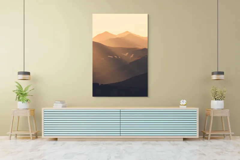 Tablou Canvas, "Munți la apus de soare", Munți, Lumină, Ceață, Apus, Umbre, Calm, Peisaj, Siluetă, 100 x 150 cm – poza 4