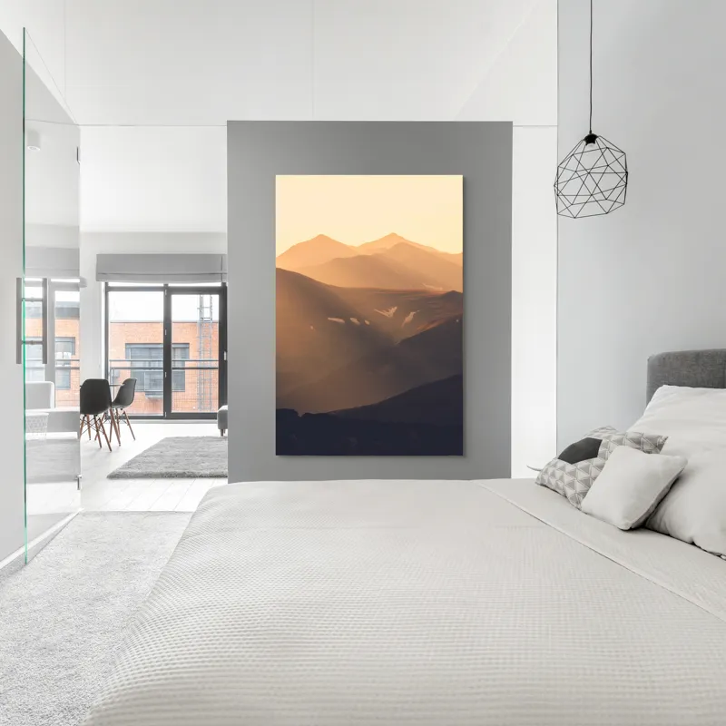 Tablou Canvas, "Munți la apus de soare", Munți, Lumină, Ceață, Apus, Umbre, Calm, Peisaj, Siluetă, 100 x 150 cm – poza 5