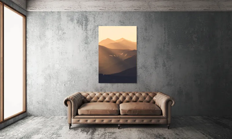 Tablou Canvas, "Munți la apus de soare", Munți, Lumină, Ceață, Apus, Umbre, Calm, Peisaj, Siluetă, 100 x 150 cm – poza 6