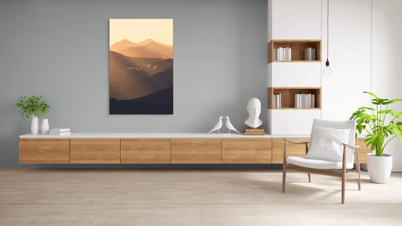Tablou Canvas, "Munți la apus de soare", Munți, Lumină, Ceață, Apus, Umbre, Calm, Peisaj, Siluetă, 100 x 150 cm – poza 8
