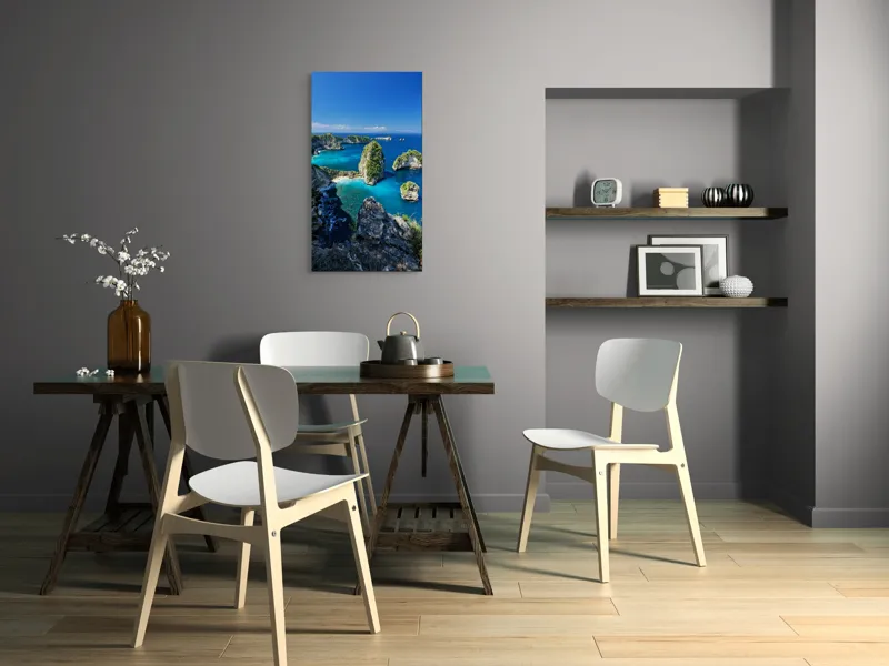 Tablou Canvas, "Stâncile maiestuoase ale oceanului albastru", Albastru, Stânci, Ocean, Vegetație, Cer, Valuri, Insule, Peisaj, Paradis, Natură, 50 x 90 cm – poza 4