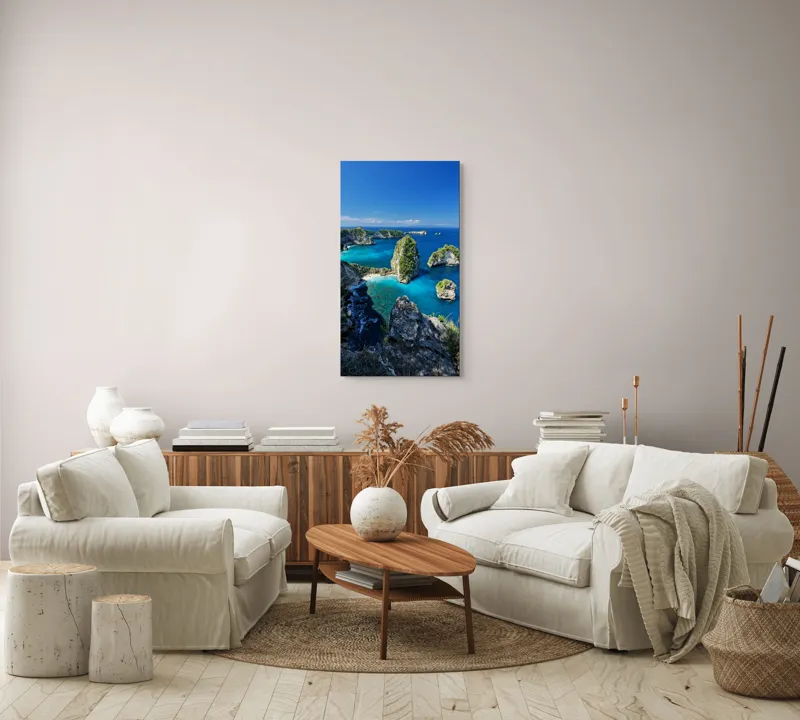 Tablou Canvas, "Stâncile maiestuoase ale oceanului albastru", Albastru, Stânci, Ocean, Vegetație, Cer, Valuri, Insule, Peisaj, Paradis, Natură, 50 x 90 cm – poza 7