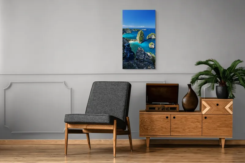 Tablou Canvas, "Stâncile maiestuoase ale oceanului albastru", Albastru, Stânci, Ocean, Vegetație, Cer, Valuri, Insule, Peisaj, Paradis, Natură, 50 x 90 cm – poza 8