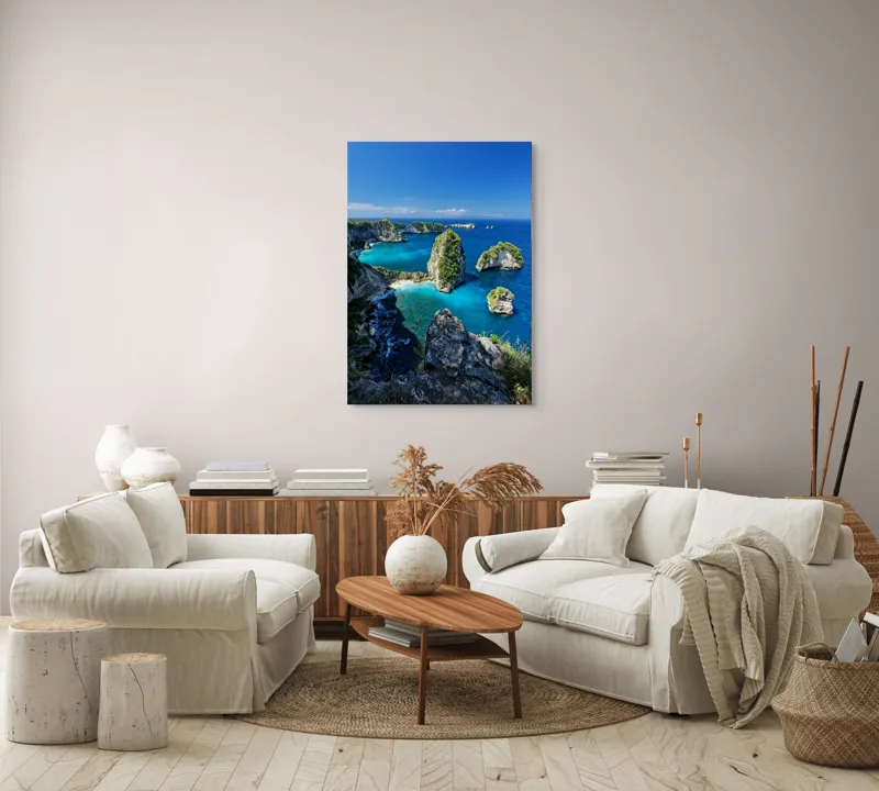 Tablou Canvas, "Stâncile maiestuoase ale oceanului albastru", Albastru, Stânci, Ocean, Vegetație, Cer, Valuri, Insule, Peisaj, Paradis, Natură, 70 x 100 cm – poza 4