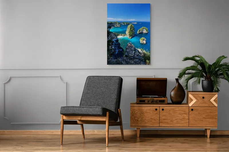 Tablou Canvas, "Stâncile maiestuoase ale oceanului albastru", Albastru, Stânci, Ocean, Vegetație, Cer, Valuri, Insule, Peisaj, Paradis, Natură, 70 x 100 cm – poza 6