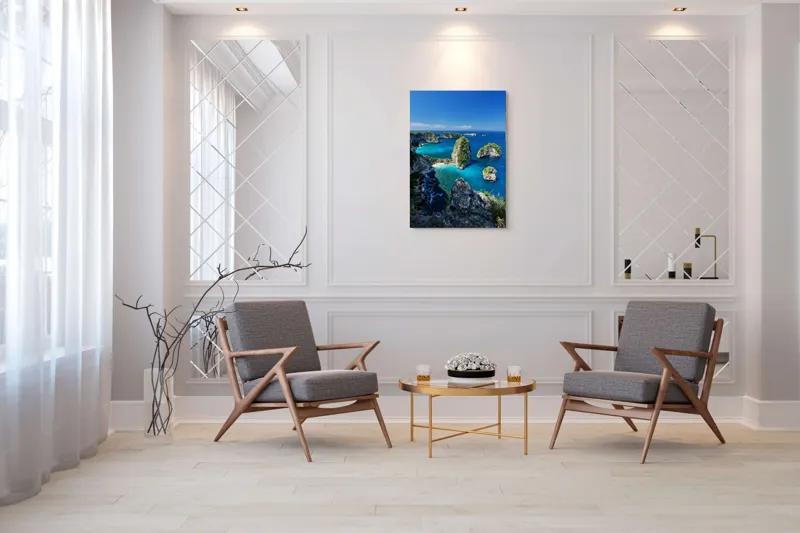 Tablou Canvas, "Stâncile maiestuoase ale oceanului albastru", Albastru, Stânci, Ocean, Vegetație, Cer, Valuri, Insule, Peisaj, Paradis, Natură, 70 x 100 cm – poza 8