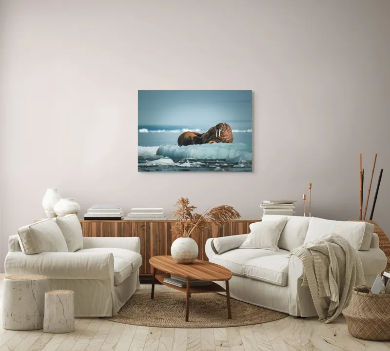 Tablou Canvas, "Morse odihnindu-se pe gheață arctică", Morsa, Gheață, Ocean, Cer, Peisaj, Frig, Natură, Mări, Timp, Repaus, 100 x 70 cm – poza 3