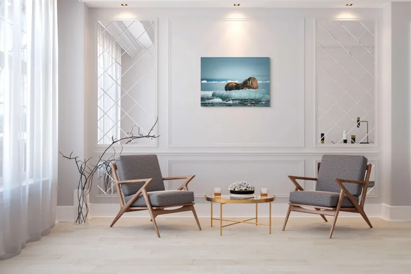 Tablou Canvas, "Morse odihnindu-se pe gheață arctică", Morsa, Gheață, Ocean, Cer, Peisaj, Frig, Natură, Mări, Timp, Repaus, 100 x 70 cm – poza 5