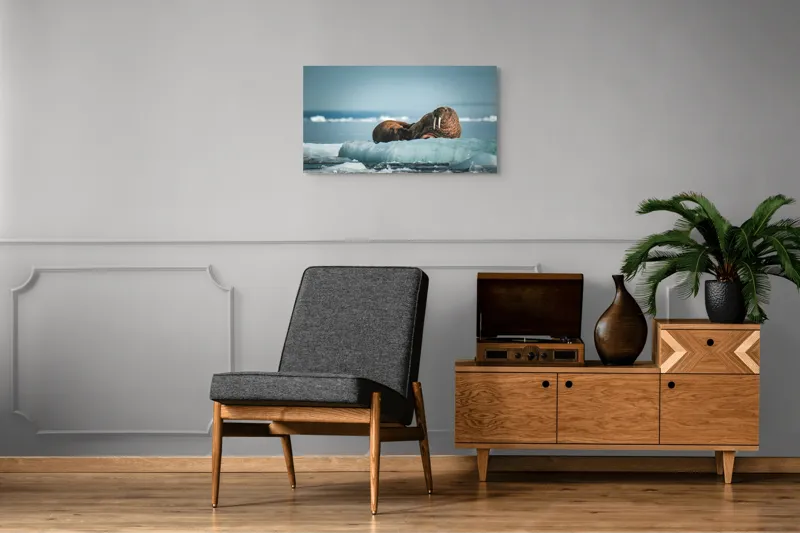 Tablou Canvas, "Morse odihnindu-se pe gheață arctică", Morsa, Gheață, Ocean, Cer, Peisaj, Frig, Natură, Mări, Timp, Repaus, 90 x 50 cm – poza 6