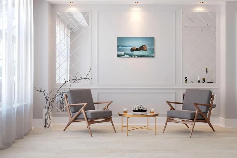 Tablou Canvas, "Morse odihnindu-se pe gheață arctică", Morsa, Gheață, Ocean, Cer, Peisaj, Frig, Natură, Mări, Timp, Repaus, 90 x 50 cm – poza 7