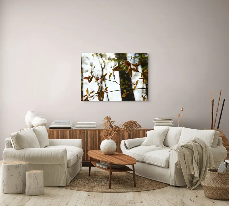 Tablou Canvas, "Muguri și flori primăvăratice în pădure", Frunziș, Flori, Ramură, Arbori, Lumina, Primăvară., 100 x 70 cm – poza 3