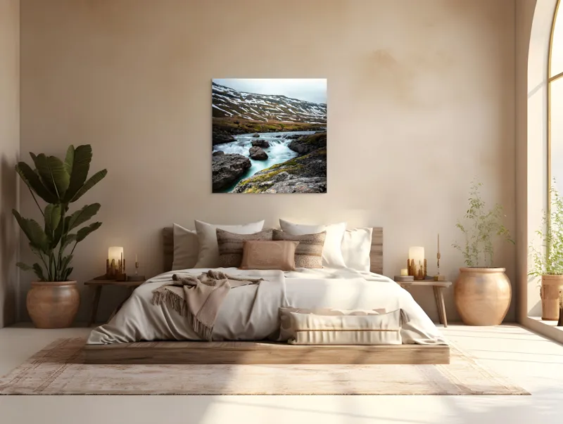 Tablou Canvas, "Cascadă în peisaj montan înzăpezit", Peisaj, Râuri, Munți, Zăpadă, Nor, Apă, Piatre, Tundră, Văi, Natură, 100 x 100 cm – poza 4