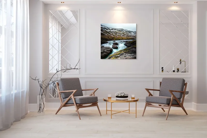 Tablou Canvas, "Cascadă în peisaj montan înzăpezit", Peisaj, Râuri, Munți, Zăpadă, Nor, Apă, Piatre, Tundră, Văi, Natură, 100 x 100 cm – poza 7