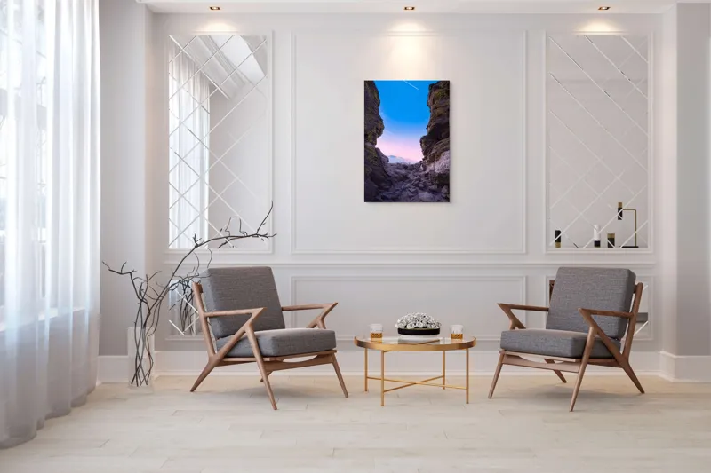 Tablou Canvas, "Stea căzătoare între stânci masive", Stânci, Cer, Stele, Amurg, Peisaj, Seral, Bolovani, Pășește, Albastru, Roz, 70 x 100 cm – poza 8