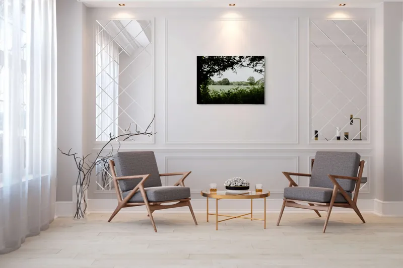 Tablou Canvas, "Peisaj verde dincolo de ramuri", Verde, Tufișuri, Cer, Arbori, Natură, Lumină, Peisaj, Răcoros, 100 x 70 cm – poza 5