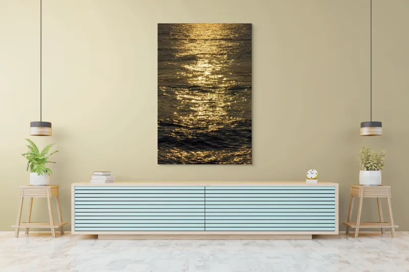 Tablou Canvas, "Strălucirea soarelui pe apă liniștită", Aur, Reflexie, Ocean, Apus, Scânteiere, Calm, Încântare, Valuri, 100 x 150 cm – poza 4