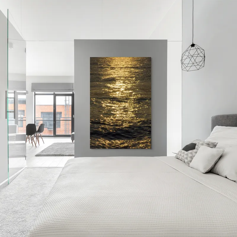 Tablou Canvas, "Strălucirea soarelui pe apă liniștită", Aur, Reflexie, Ocean, Apus, Scânteiere, Calm, Încântare, Valuri, 100 x 150 cm – poza 5